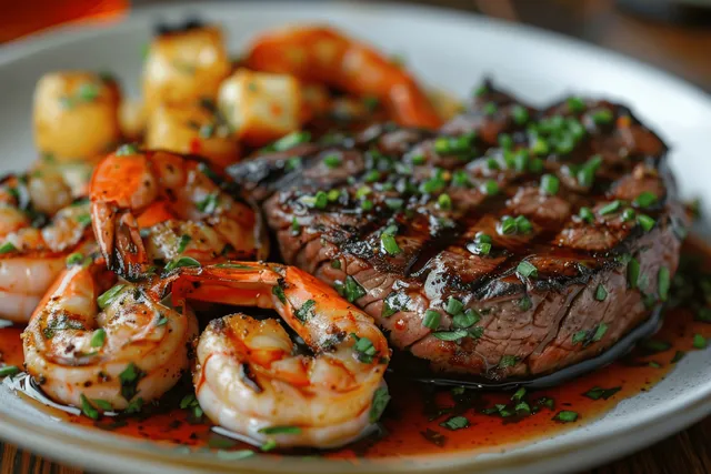 Grilled Steak and Shrimp Surf and Turf Plated for Dinner