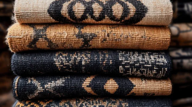Folded woven textiles stacked together, displaying black and tan geometric patterns and textured fabric layers.