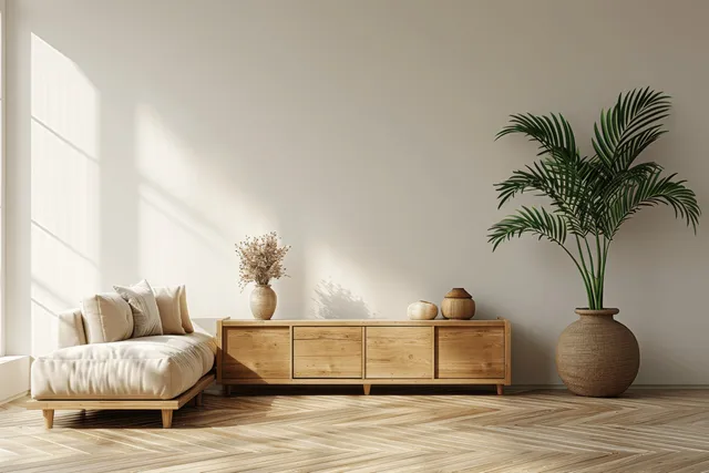 Beige sofa and wooden sideboard sit beside a large potted plant in a bright minimalist living room.