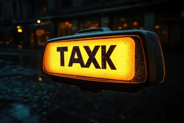 Illuminated yellow taxi roof sign with raindrops reflecting on a rainy city street at night