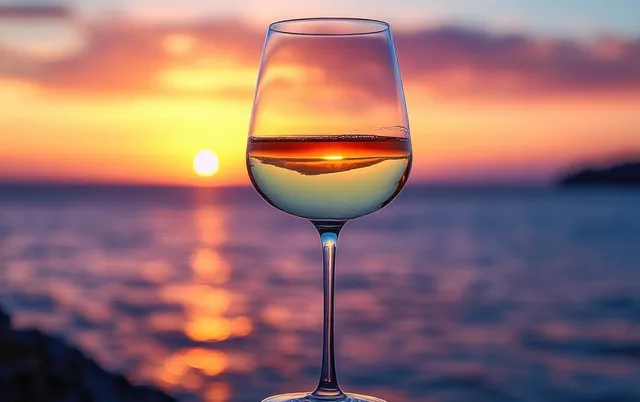 Wine glass with white wine at sunset, sea reflection and warm orange-purple sky