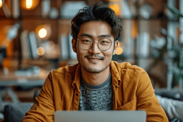 Young man smiling while working on a laptop at home with a coffee cup on the table behind warm lights.