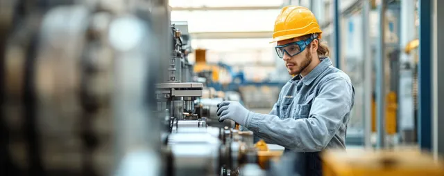 Two engineers in helmets inspect stainless piping inside a factory while reviewing notes on tablets.