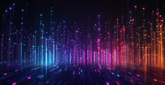 Neon sound wave tunnel with glowing data lines and network dots in a dark futuristic space
