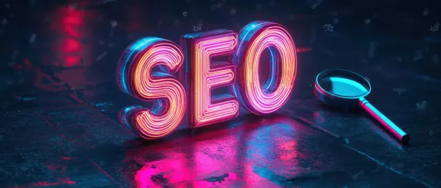 Neon pink SEO letters with a magnifying glass reflecting on a futuristic dark background.