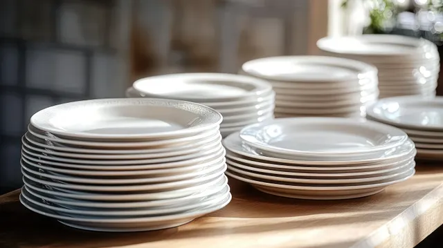 Neatly stacked white porcelain plates on a wooden table under soft natural window light.