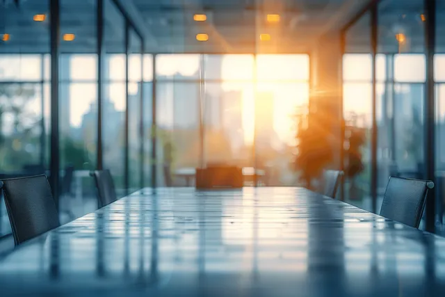 Sunlit conference room interior with glass walls, empty chairs, and warm bokeh reflections on a table.