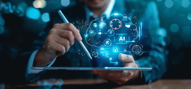 Business analyst writing on tablet while AI data icons glow in futuristic interface
