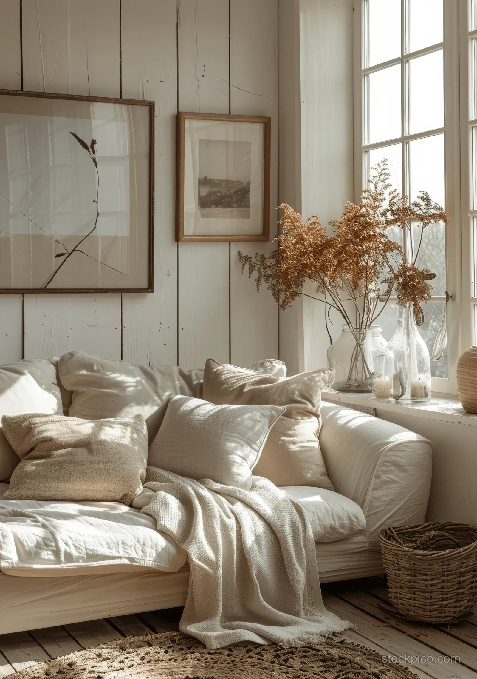 White sofa with linen throws in a boho living room, daylight pouring through a large window behind framed artwork.