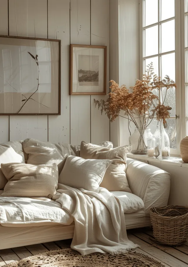 White sofa with linen throws in a boho living room, daylight pouring through a large window behind framed artwork.
