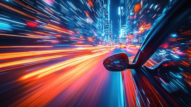 View from inside a car showing neon blue and orange light trails streaking past blurred skyscrapers at night.