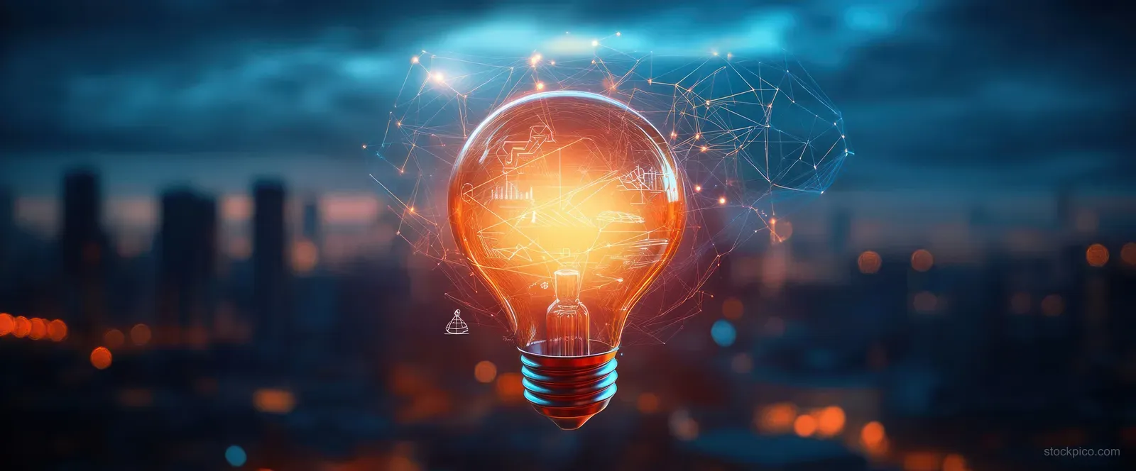 Glowing light bulb encircled by network nodes and floating charts over a blurred twilight city skyline.