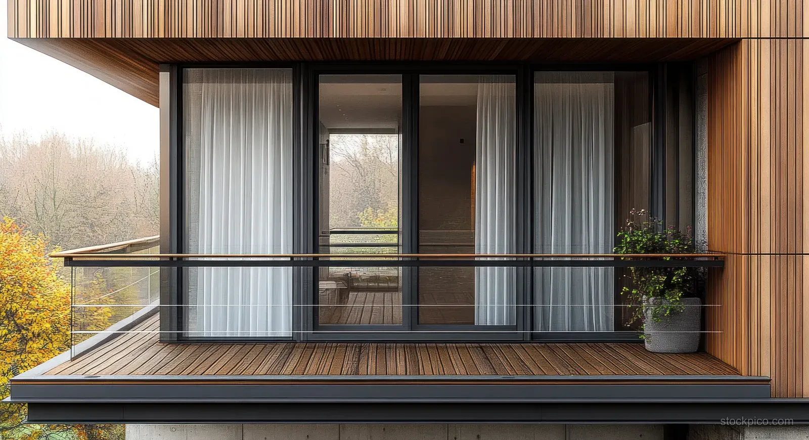 Wooden balcony with glass sliding doors, sheer curtains, steel railing, and a potted plant facing autumn trees.