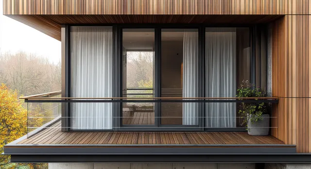 Wooden balcony with glass sliding doors, sheer curtains, steel railing, and a potted plant facing autumn trees.