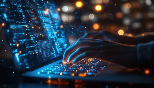 A hand types beside a computer screen with glowing document data streams and abstract algorithm graphics.