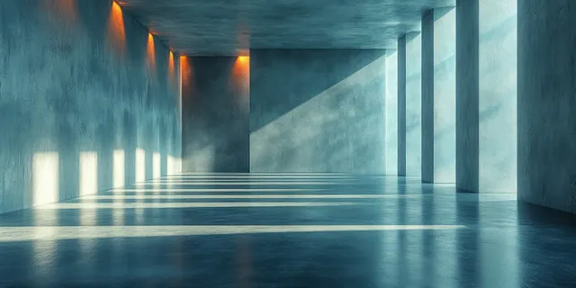 Minimalist concrete interior with angled light beams casting striped shadows across a glossy floor.