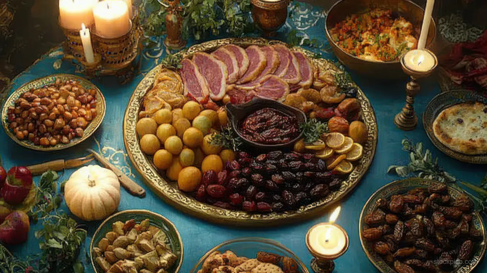 Ornate platter of sliced meats and fruits on a candlelit feast table with bowls of nuts, dips, and bread.