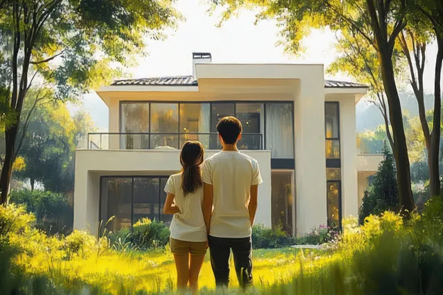 A couple stands hand in hand facing a modern two-story house surrounded by lush trees in warm sunlight.