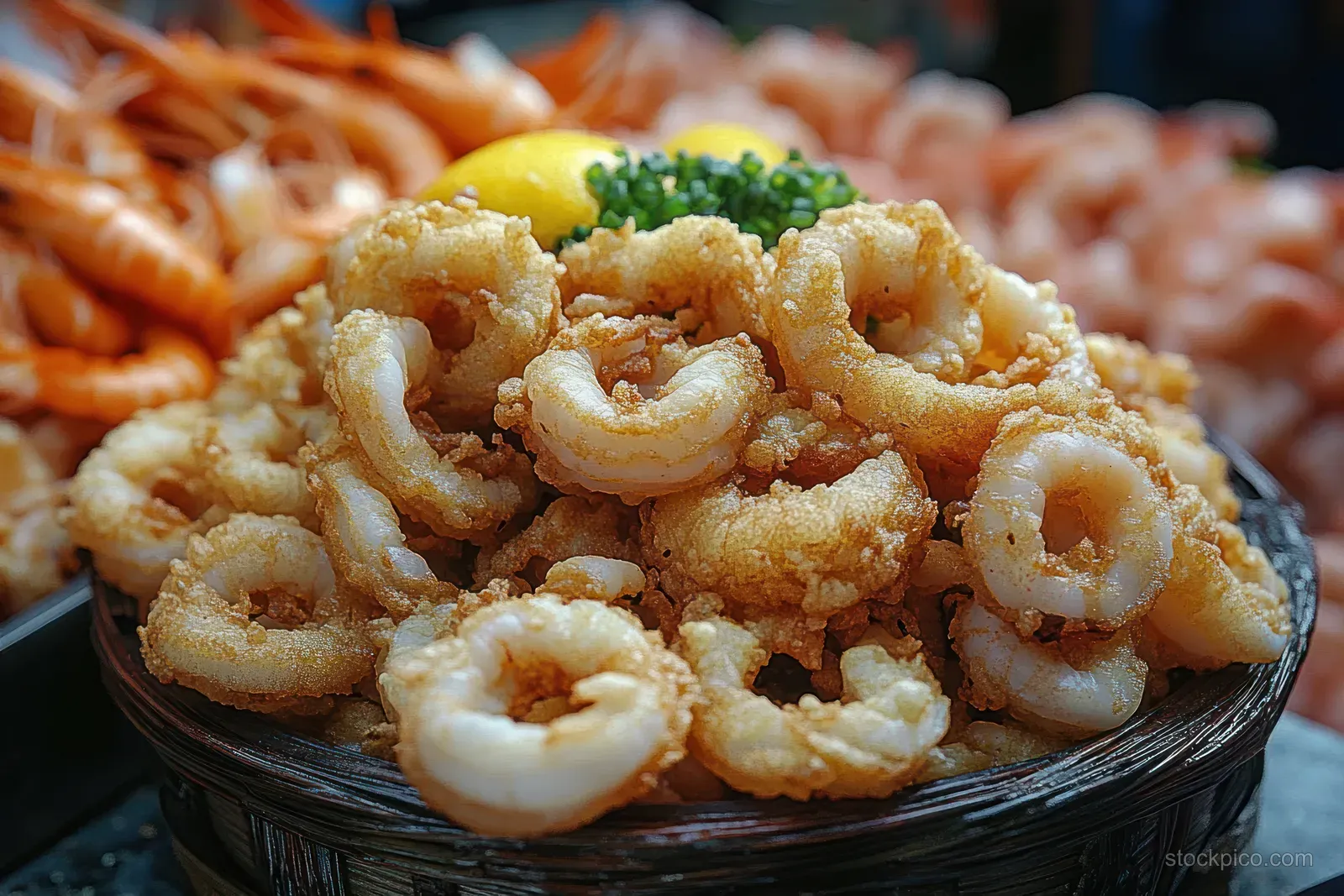 Crispy fried calamari rings in a rustic basket on a market table with lemon and herbs nearby.