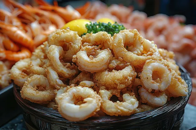 Crispy fried calamari rings in a rustic basket on a market table with lemon and herbs nearby.