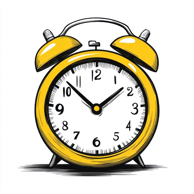Yellow vintage alarm clock illustration with twin bells and metal feet showing an analog time on a white background.