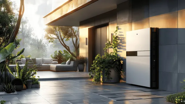 Wall-mounted solar inverter and battery storage beside a modern home entrance