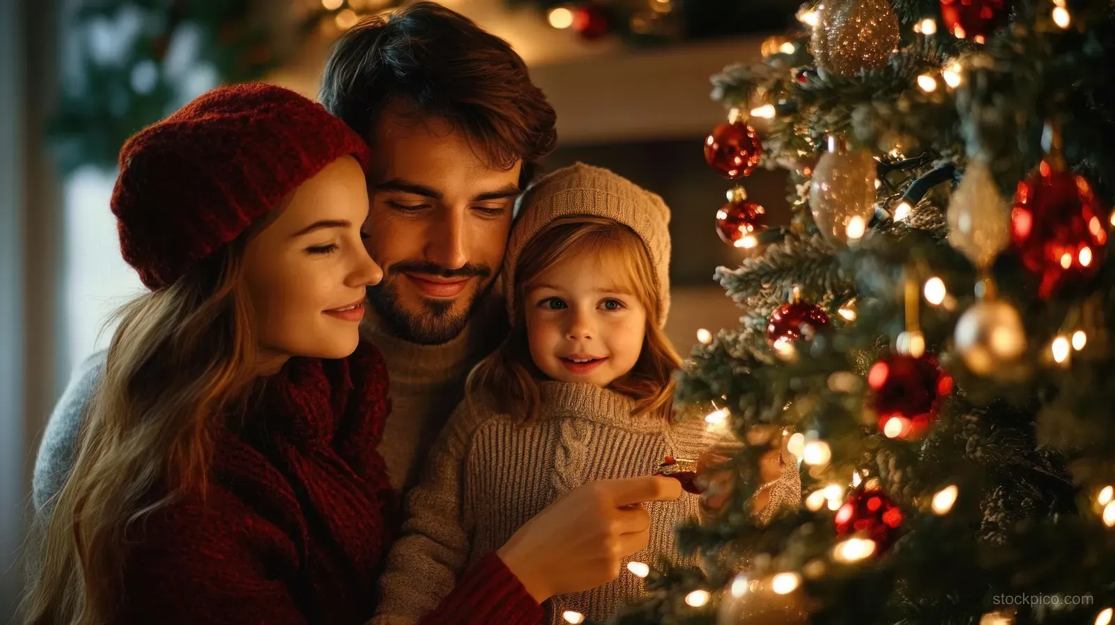 A family of three smiles beside a decorated Christmas tree glowing with lights in a cozy indoor room.