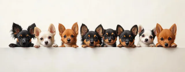 A lineup of small puppies peeks over a white barrier on a minimalist background.