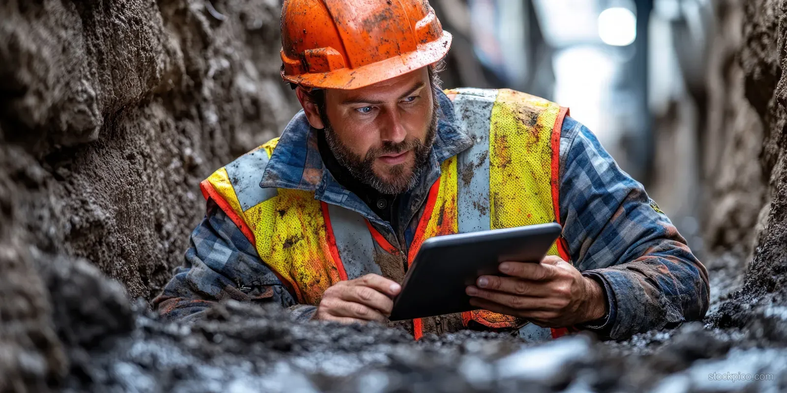 Engineer in safety gear holds a tablet while inspecting pipeline installation inside a muddy trench.