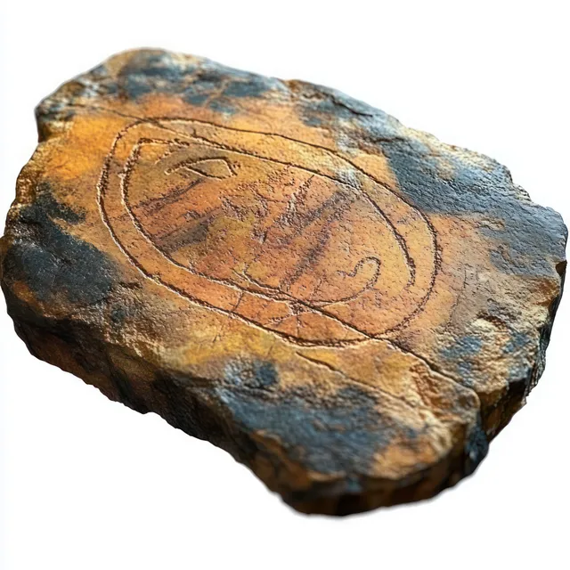Weathered stone slab with a circular carved symbol and rough eroded texture on a solid background.