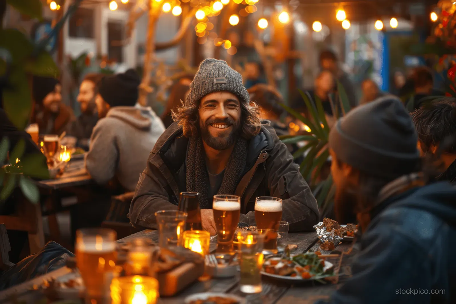 Friends sit at an outdoor patio table clinking beer pints while enjoying food under warm string lights.
