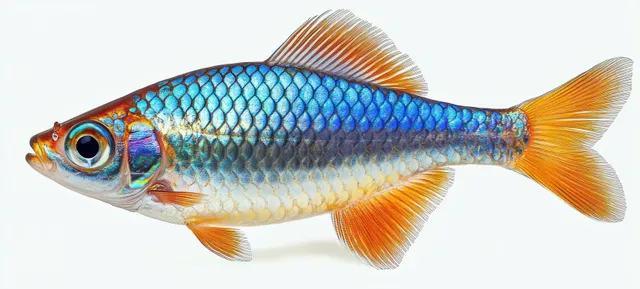 Small fish with shiny blue scales and orange fins isolated on a white background.