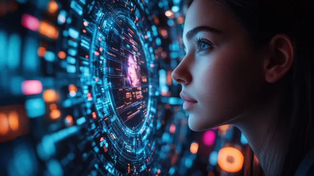 Cyberpunk woman scans a glowing digital globe interface, neon data streams at night