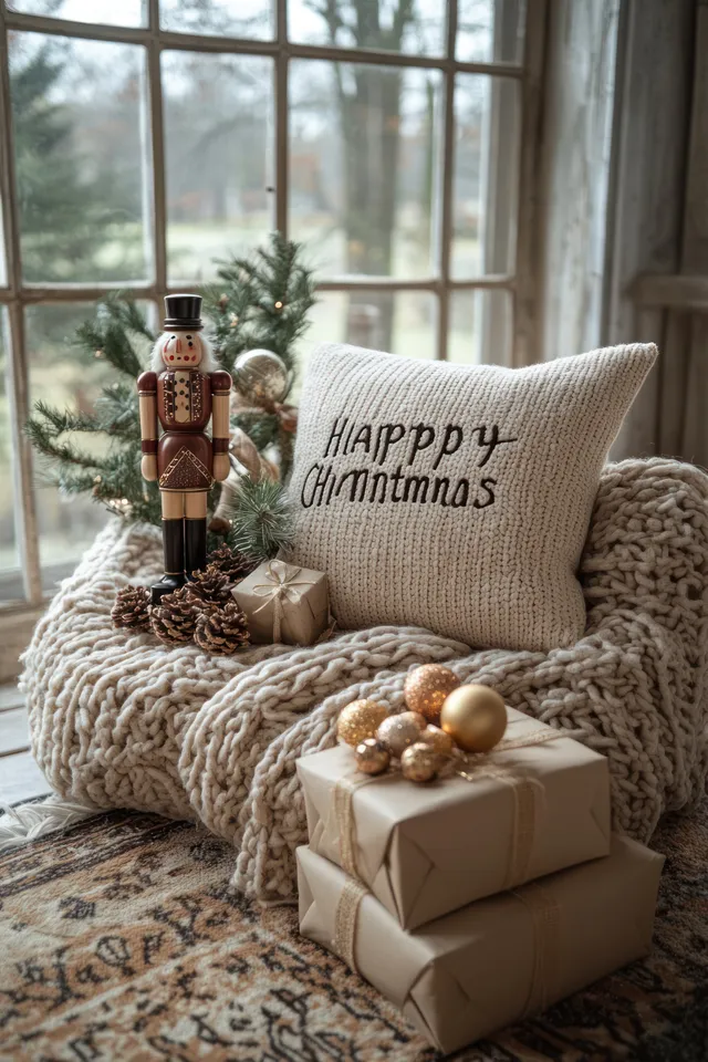 Sunlit window corner shows a Happy Christmas pillow, nutcracker, and wrapped gift boxes on a knitted blanket.