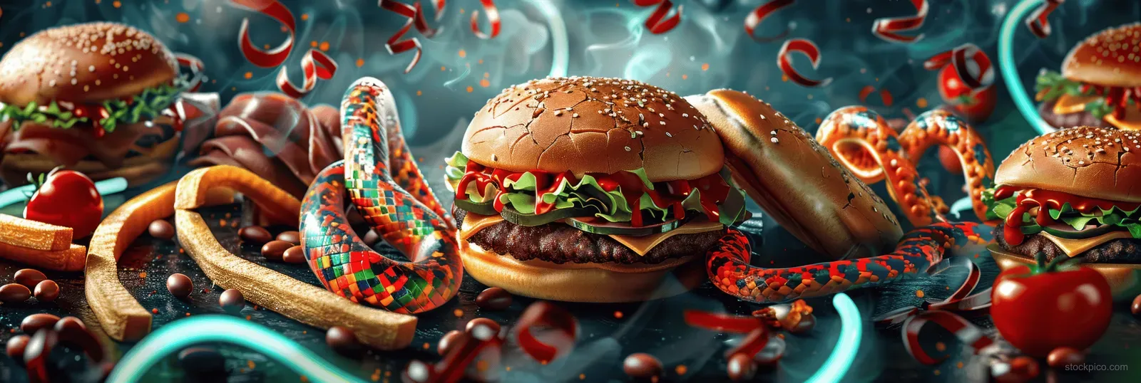 Neon burgers and fries swirl around a glowing DNA helix on a dark background.