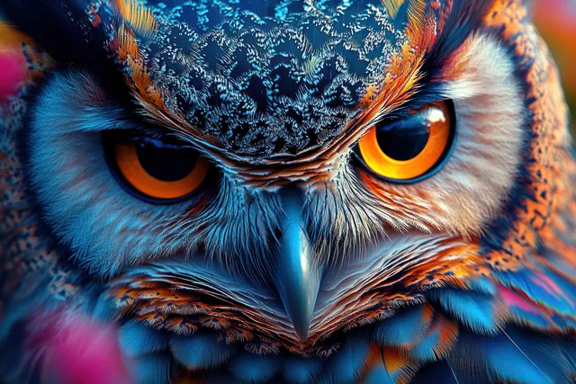 A close-up abstract owl portrait with glowing eyes and layered double-exposure feather textures.