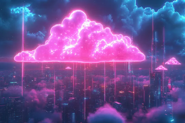 Neon futuristic city skyline at night with glowing pink digital clouds and bright beams of light over skyscrapers.