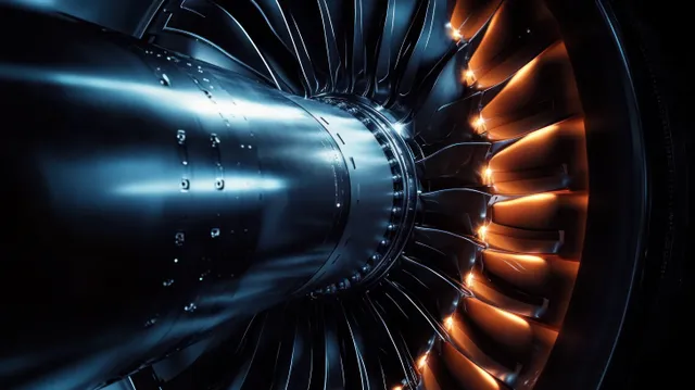 Close-up of illuminated jet engine fan blades with blue and orange glow in dark housing