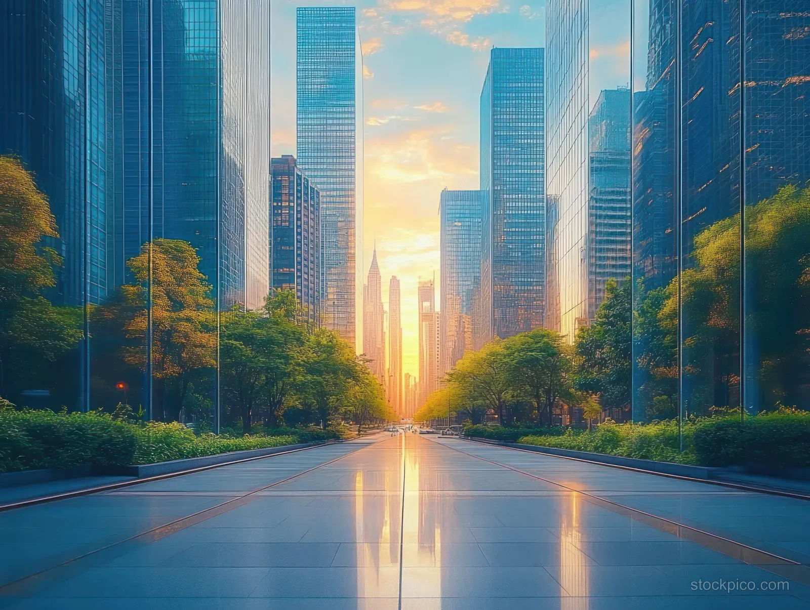 Sunset city street with tall glass skyscrapers and lush trees, with colorful reflections on wet pavement.