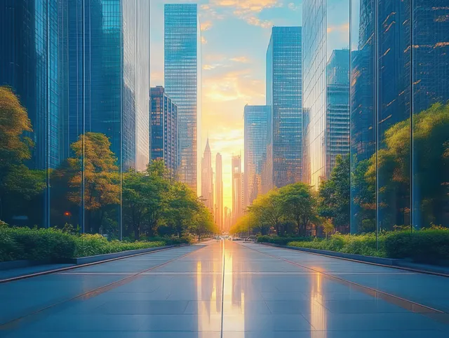 Sunset city street with tall glass skyscrapers and lush trees, with colorful reflections on wet pavement.