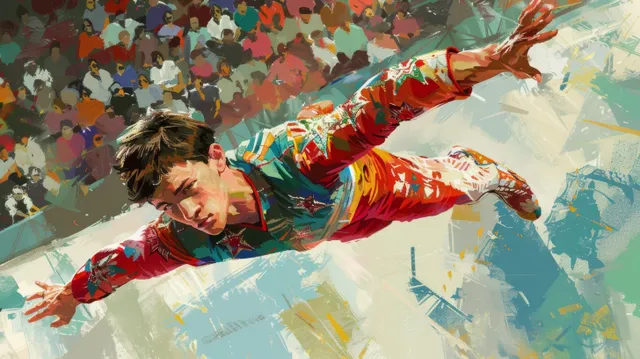 Male gymnast in colorful uniform midair during floor exercise with a cheering crowd behind.