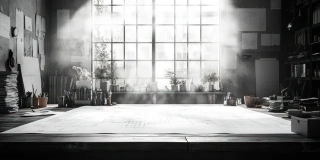 Architectural plans on a drafting table lit by a window grid in a minimalist construction workspace.