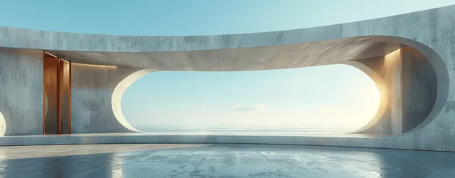 Minimalist concrete interior with a curved wall and a bright arched entrance casting daylight across the floor.