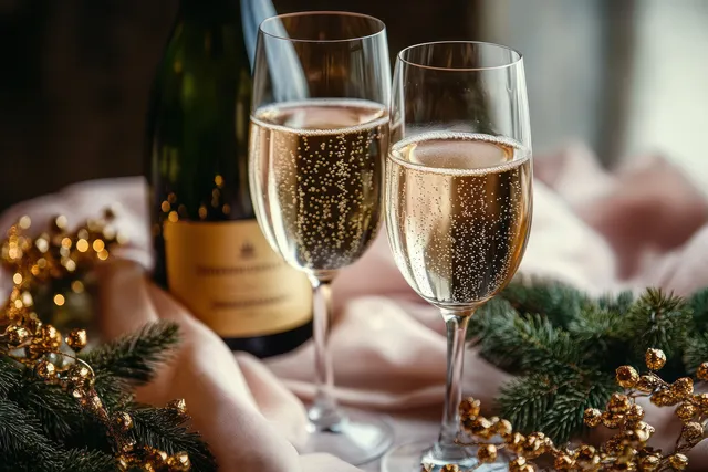 Two champagne flutes with sparkling wine are surrounded by pine branches and golden holiday ornaments on a festive table.