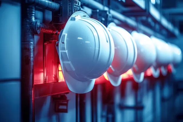 White construction helmets hang from industrial pipes as blue and red lights glow in the workshop.