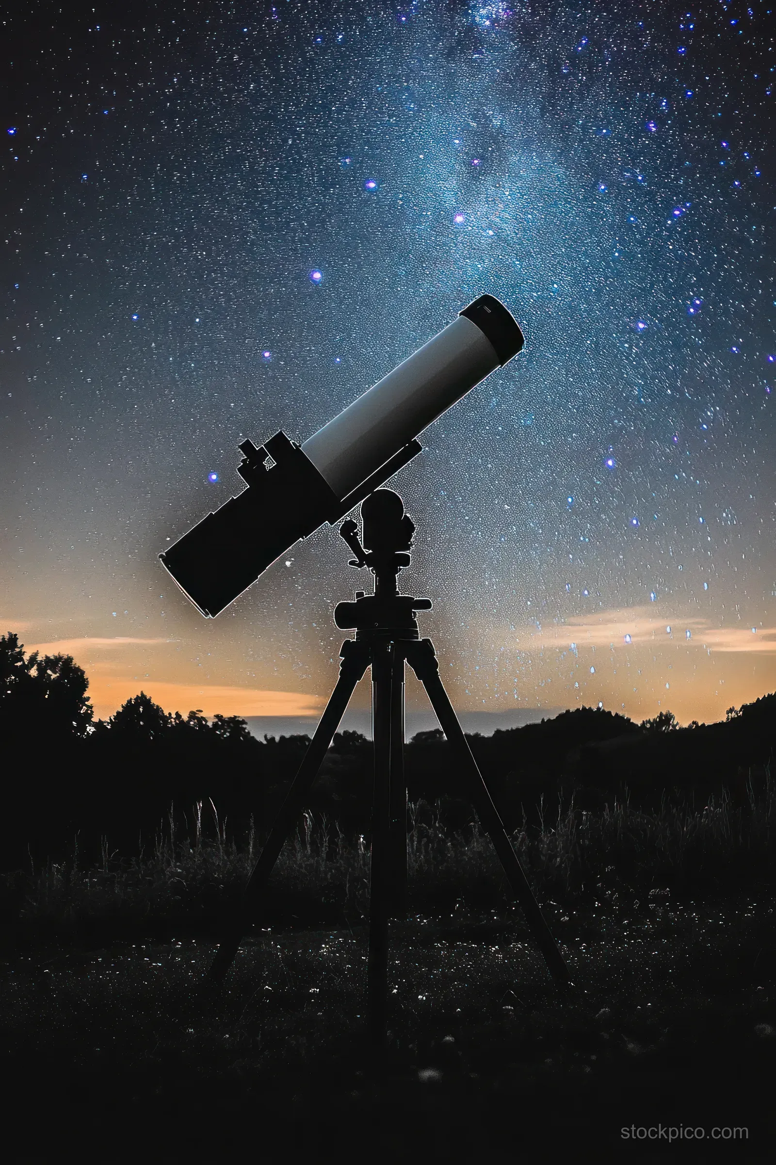 Silhouetted telescope on a tripod against a star-filled sky with the Milky Way visible at dusk.