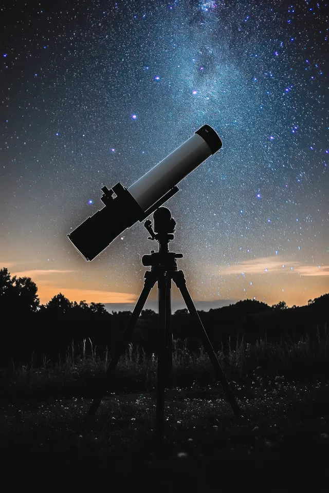 Silhouetted telescope on a tripod against a star-filled sky with the Milky Way visible at dusk.