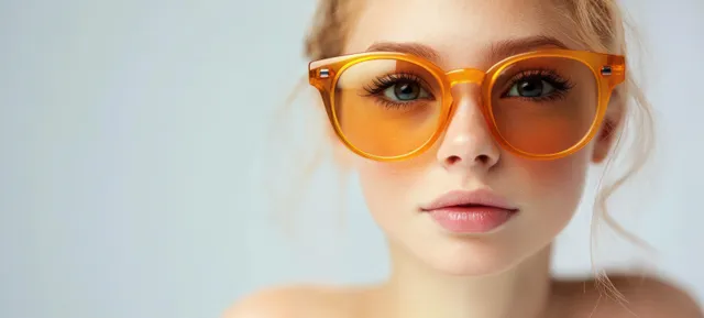 A fluffy yellow Easter chick wearing orange sunglasses sits on a table against a light gray background.