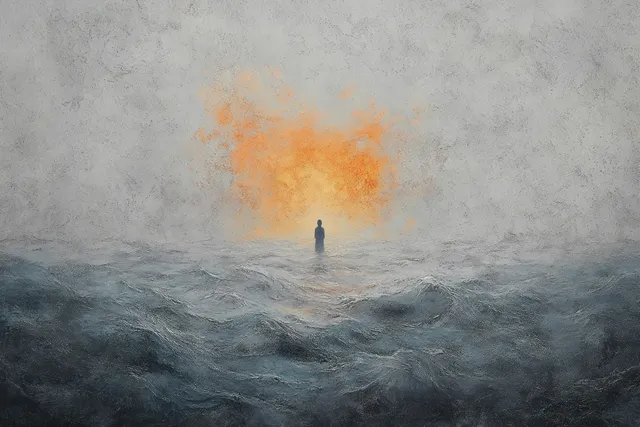 A lone silhouette stands amid stormy ocean waves, looking toward a glowing orange light in dense mist.
