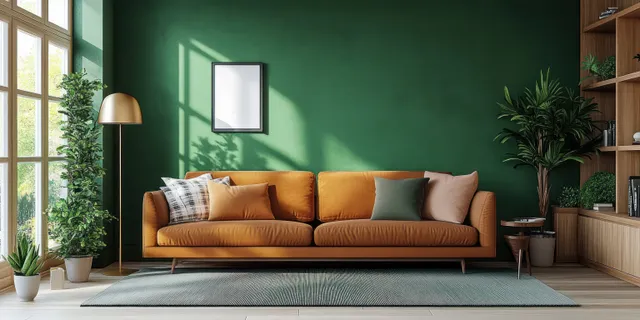 Minimalist living room interior with green wall, orange sofa, floor lamp, framed picture, and potted plants.